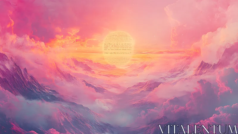 Radiant nebula sunrise over pastel cloud mountainscape.