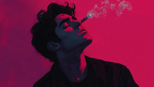 Moody neon portrait of man smoking in pink and blue light.