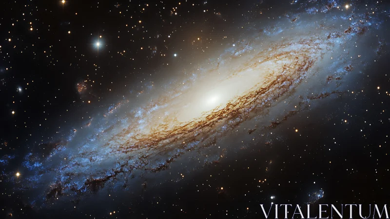 Spiral galaxy with dense central bulge and star field backdrop.