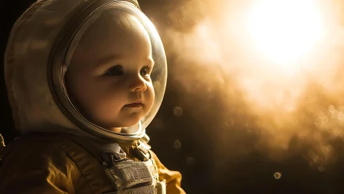 Tiny cosmonaut studies a newborn star in honeyed light