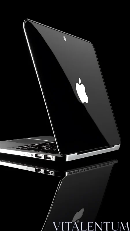 Sleek black laptop stands poised with glowing apple logo