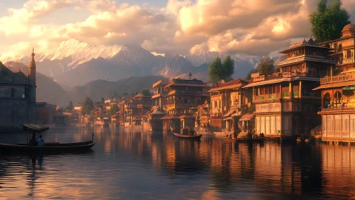 Sunlit mountain canal city with wooden waterfront homes.