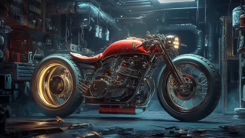Red custom motorcycle in industrial workshop interior scene.