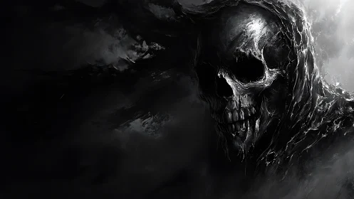 Hooded skeletal figure in dark monochrome digital artwork.