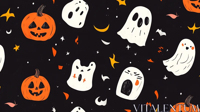 Playful ghosts and glowing pumpkins in cozy night sky.