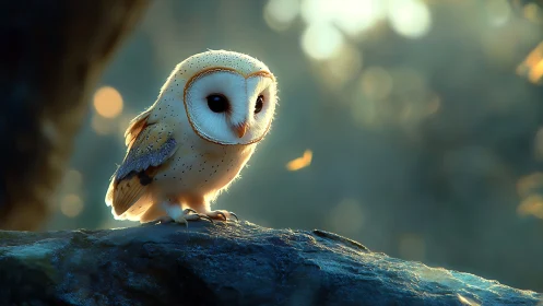Enchanting Barn Owl Perched on Mossy Branch in Soft Morning Light.