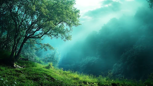 Misty valley with verdant slopes and sunlit canopy opening