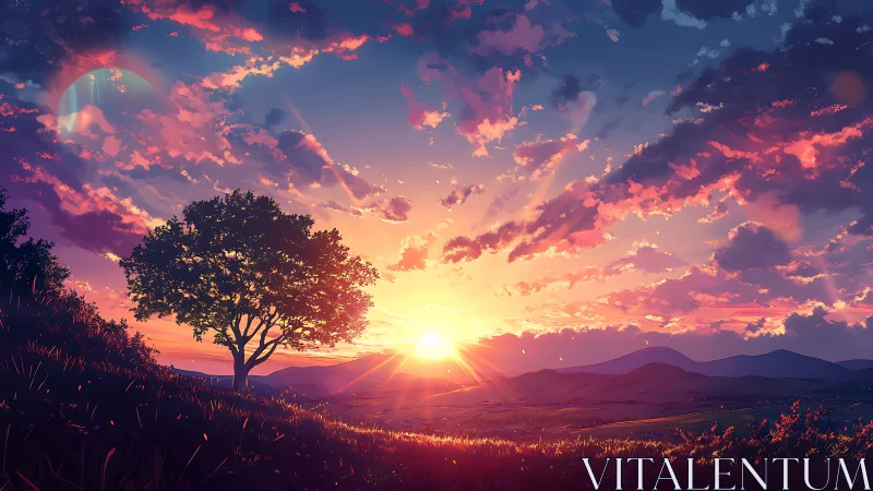Solitary tree at radiant anime sunset over rolling hills.