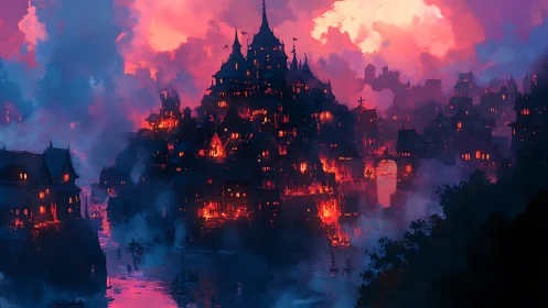 Crimson Citadel Ablaze: Digital Inferno of Twilight Spires.
