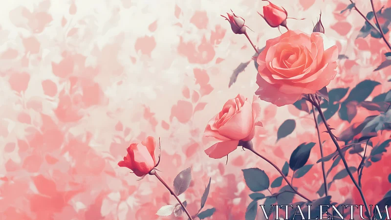 Pink roses bloom in a dreamy, romantic floral garden