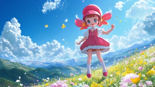 Anime girl in red dress floating above bright flower meadow.