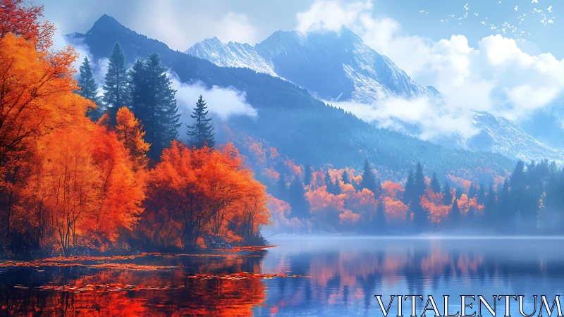 High-altitude autumn lake with misted conifers and glacial peaks