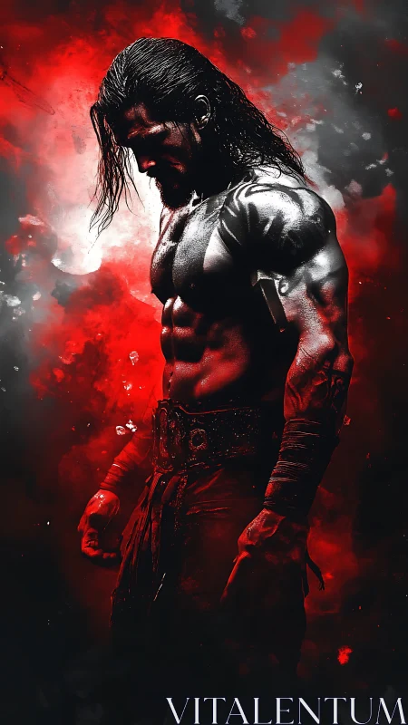 Muscular warrior figure in red and black digital composition.