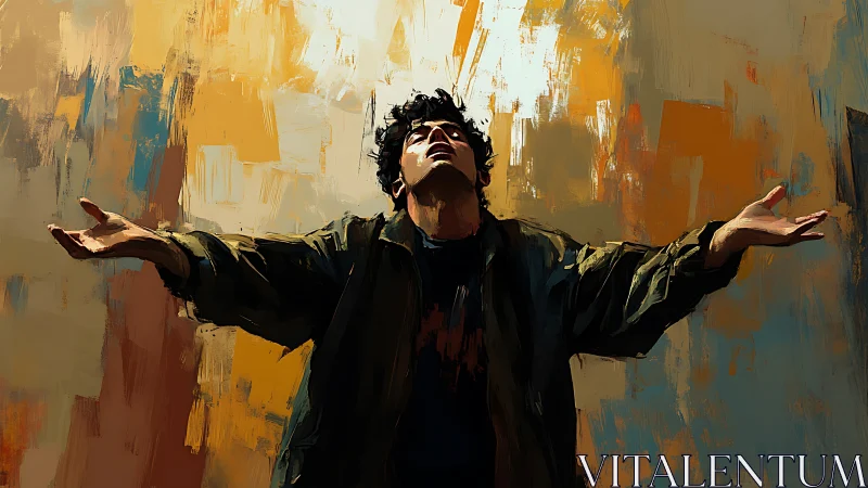 Figure with outstretched arms before abstract painted backdrop.