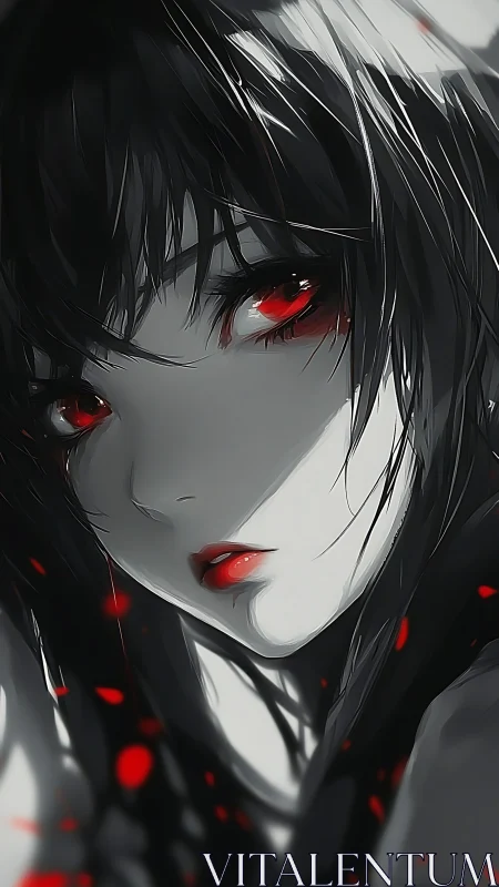 Monochrome anime portrait isolates crimson eyes and lips