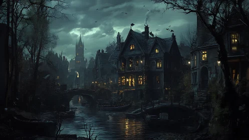 Gothic riverside village glows beneath a stormy twilight sky.