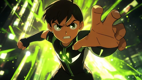 Determined young hero lunges forward in neon green light.