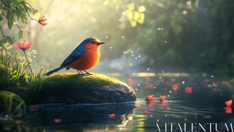 Vibrant robin on mossy rock by pond in dreamy, sunlit forest scene.