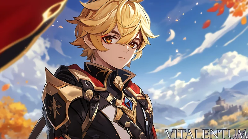 Golden haired anime knight in ornate black armor outdoors