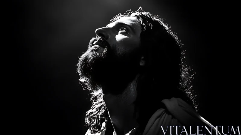 High contrast portrait of bearded man in dramatic overhead lighting