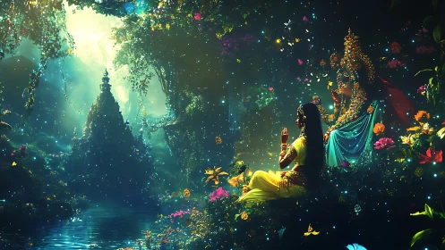 Divine figures meditate beside luminous jungle temple river
