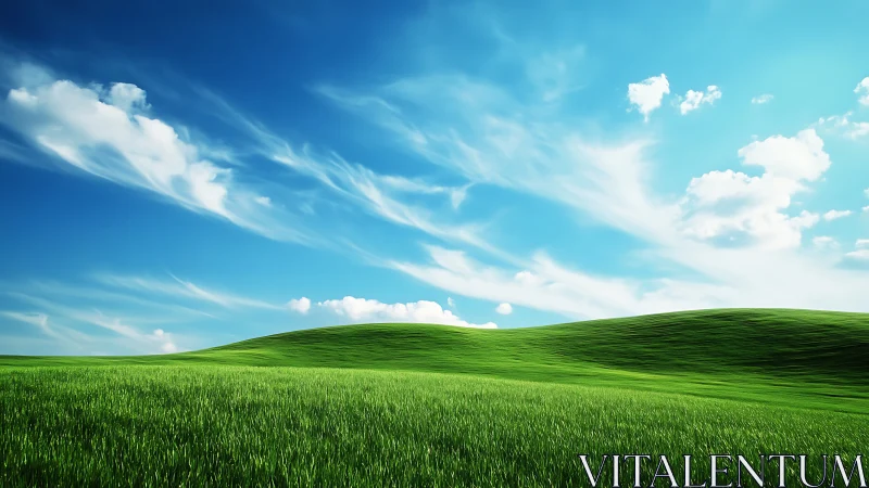 Rolling green hillside under vivid blue sky and clouds.