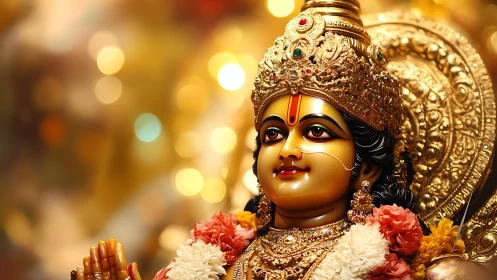 Hindu goddess statue adorned with gold jewelry and flowers.
