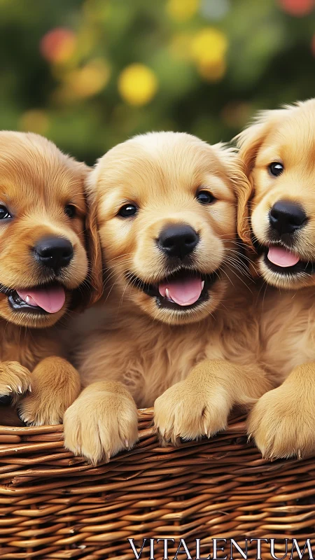 Golden retriever puppies in wicker basket, warm daylight.