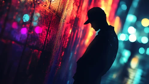 Neon loner drifting through rainlit cyber city solitude.