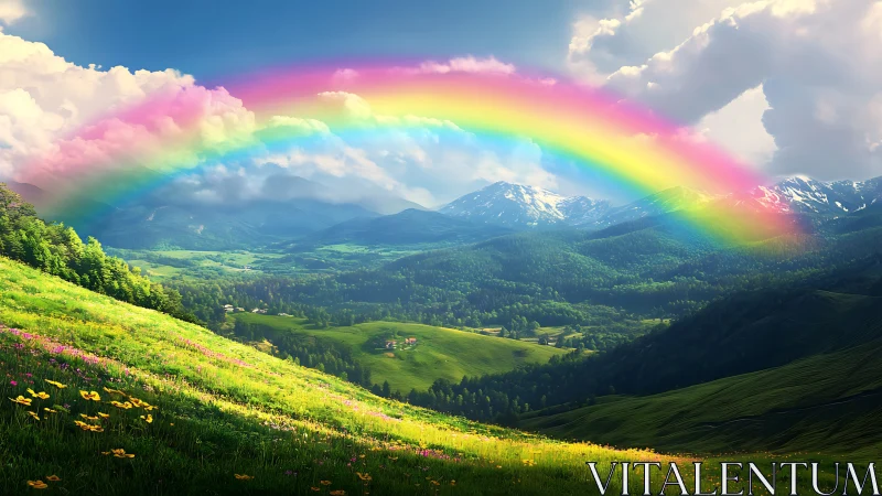 Rainbow arch crowns a dream-bright alpine valley vista.