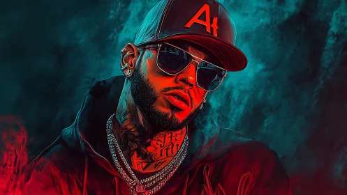 Urban portrait with teal red lighting and stylized vectors.