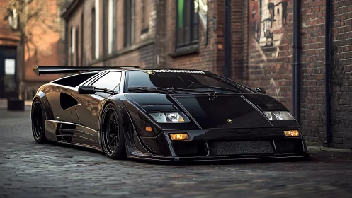 Midnight black supercar slammed in cobblestone alleyway.