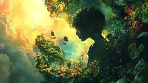 Silhouetted forest muse dissolves into luminous celestial sky