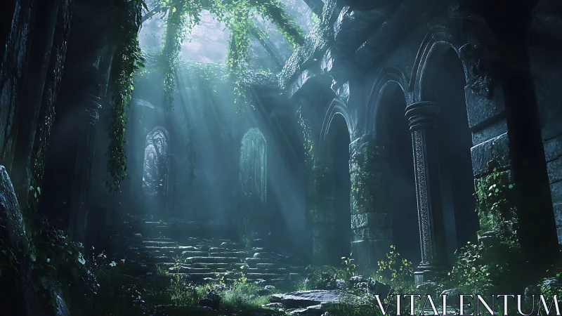 Volumetric-lit ivy ruins with Gothic arches and mossy stone