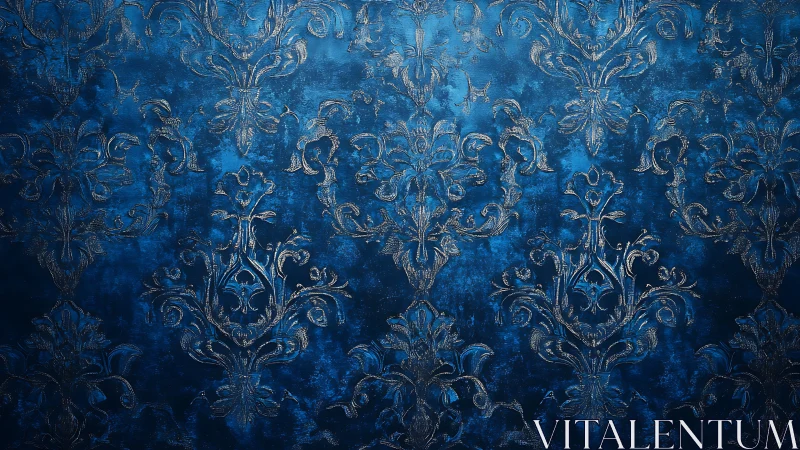 Baroque damask pattern on distressed cobalt blue ground.