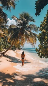 Sunlit wanderer strolling beneath whispering palm canopies.
