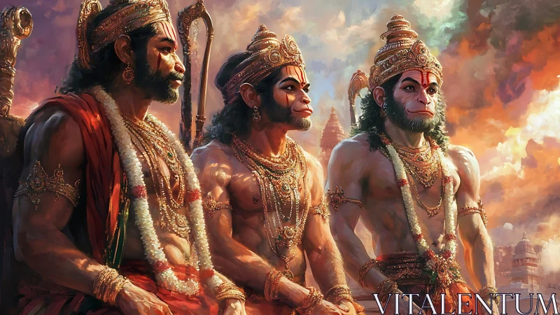 Mythic simian warriors in regal temple procession at dusk