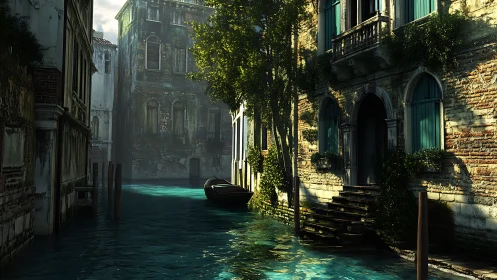 Sunlit Venetian canal embraces weathered stone facades.