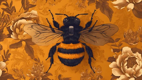 Detailed bumblebee illustration rests over ornate floral background