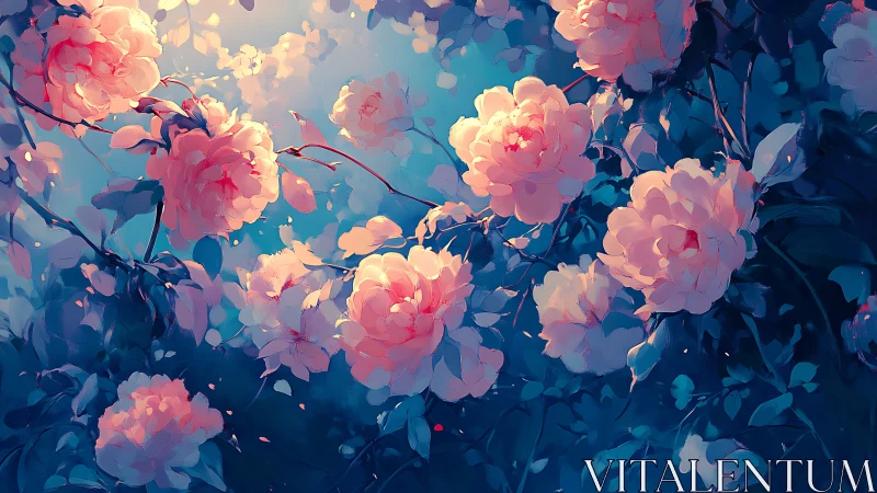 Dreamy pink blossoms glowing softly in a twilight garden.