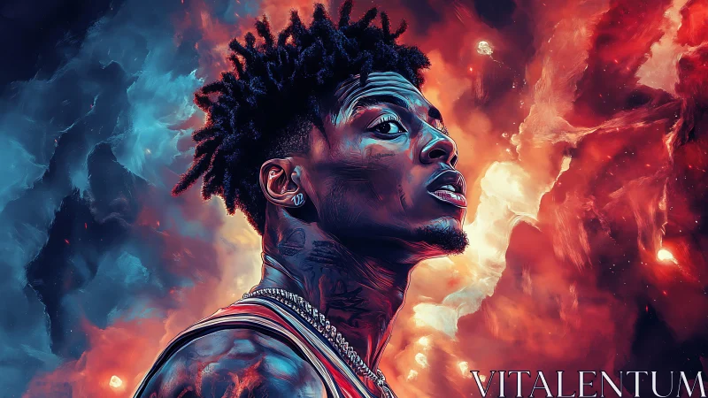 Electric portrait of young man amid blue and orange nebula