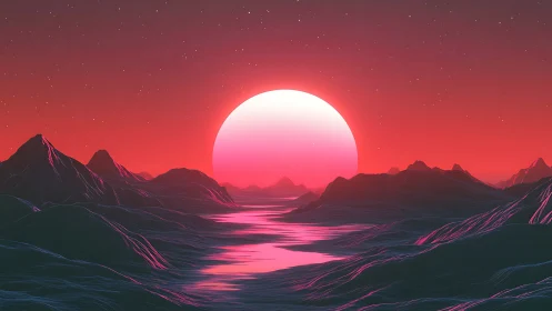 Synthwave horizon with stylized sun over polygonal sea.