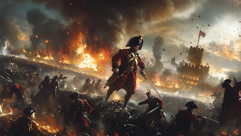 Epic battlefield scene with redcoat officer leading troops.