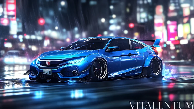 Neon‑lit Honda street racer cuts through a rain soaked city