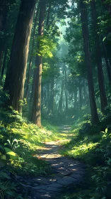 Forest pathway through towering conifers with filtered sunlight