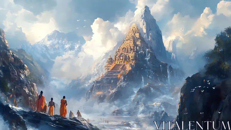 Monks approaching a glowing temple in misty mountain heights.