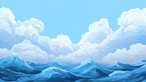 Vector-rendered ocean wavefield under cumuliform cloud deck.