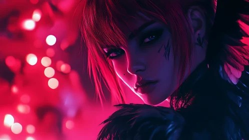 Neon-lit cyber siren gazes back with dark, enigmatic allure