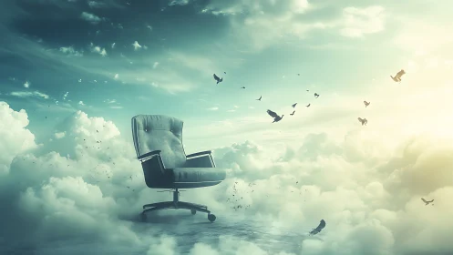 Skybound daydream chair drifting through soft cloud hush.