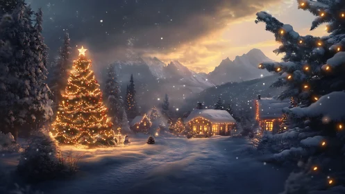 Snowy mountain village with illuminated Christmas tree.
